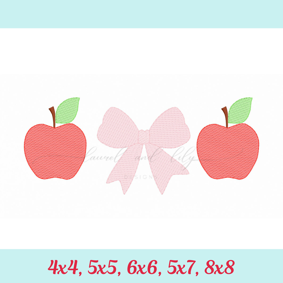 Two red apples with green leaves and a pink bow on a white background with blue borders.