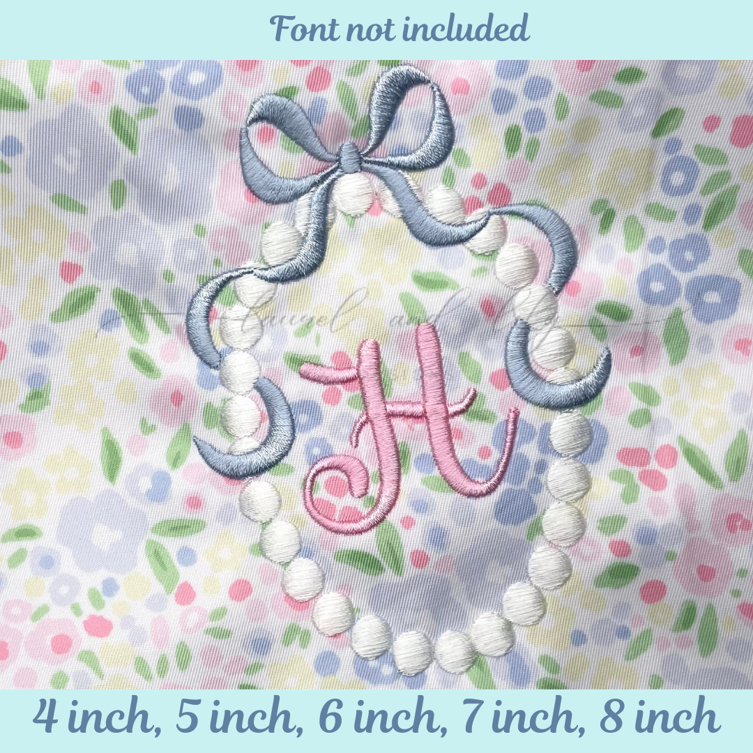 Embroidered monogram with a bow and beads on a floral background, with size options displayed.