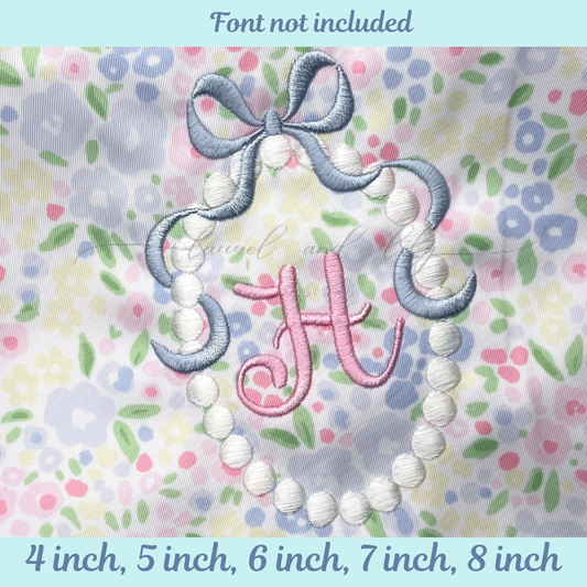Embroidered monogram with a bow and beads on a floral background, with size options displayed.