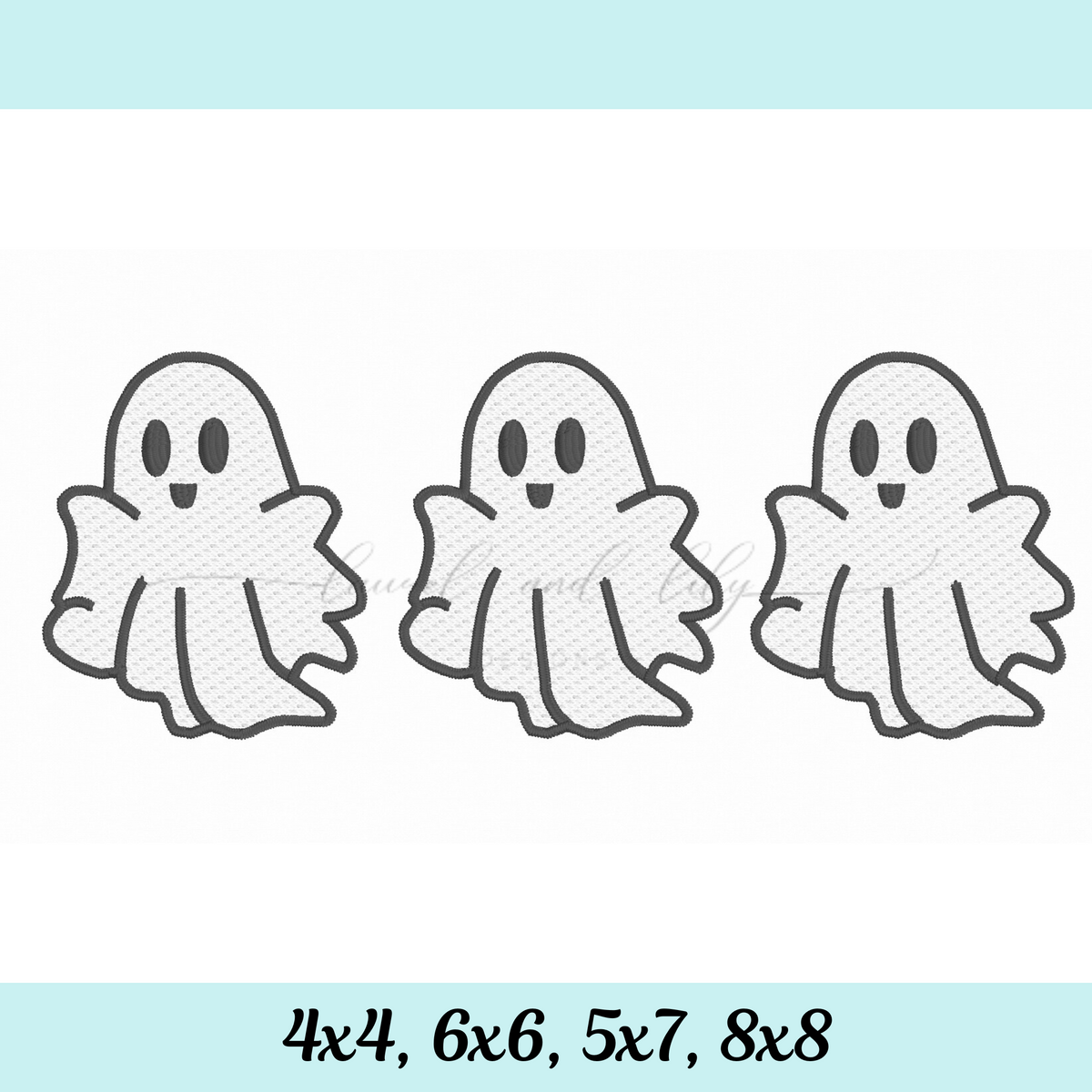 Three embroidered ghosts with size options displayed below on a light blue background