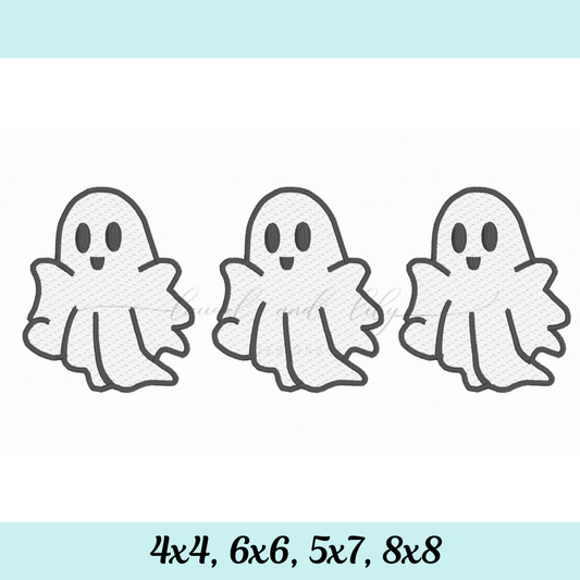 Three embroidered ghosts with size options displayed below on a light blue background
