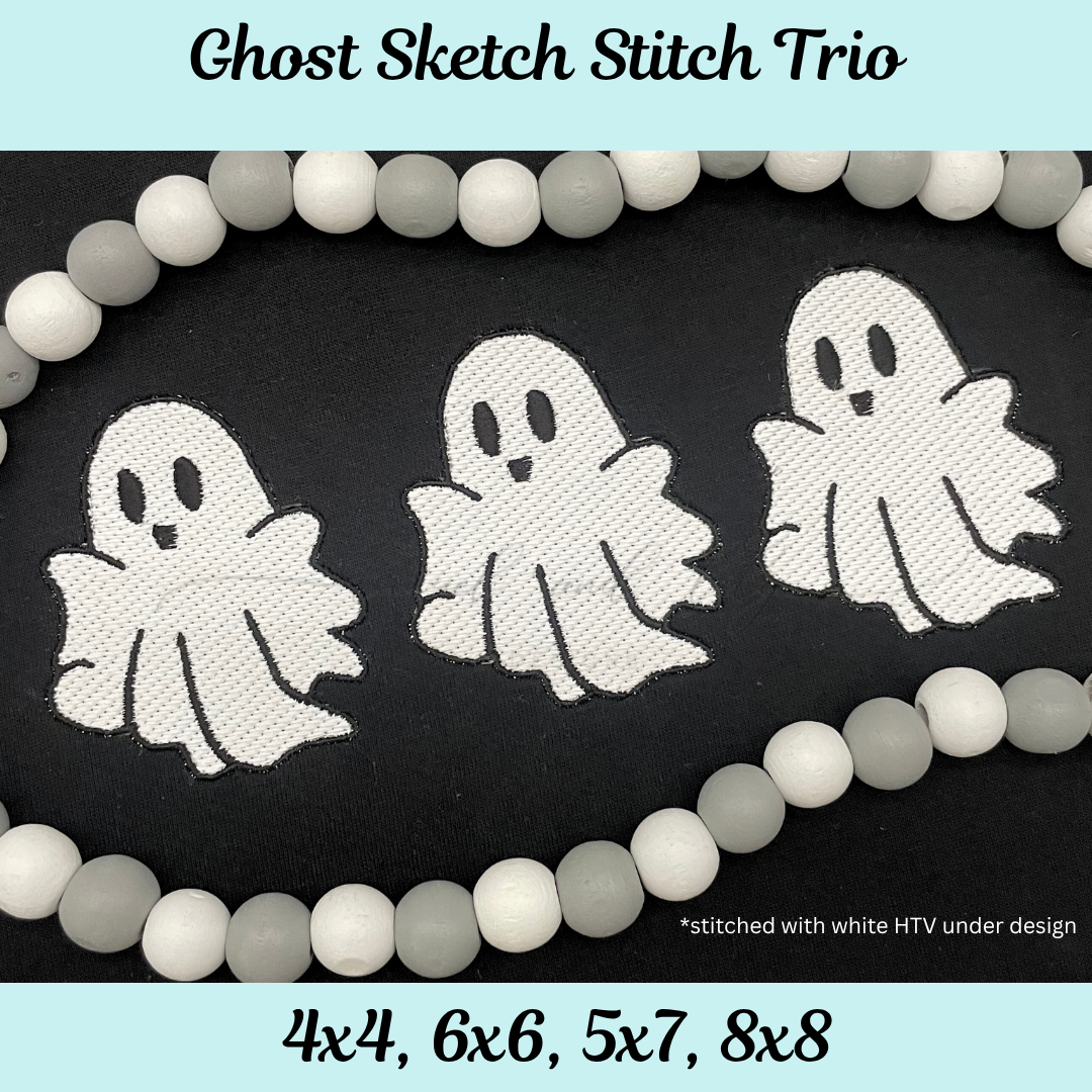 Ghost sketch stitch trio on a black background with white beads