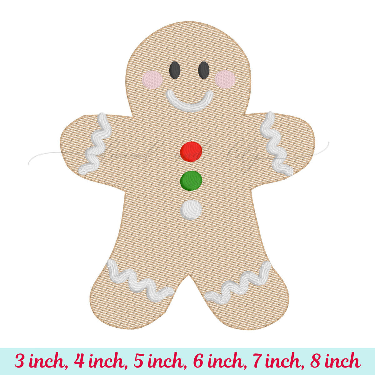 Gingerbread man design with size options on a white background