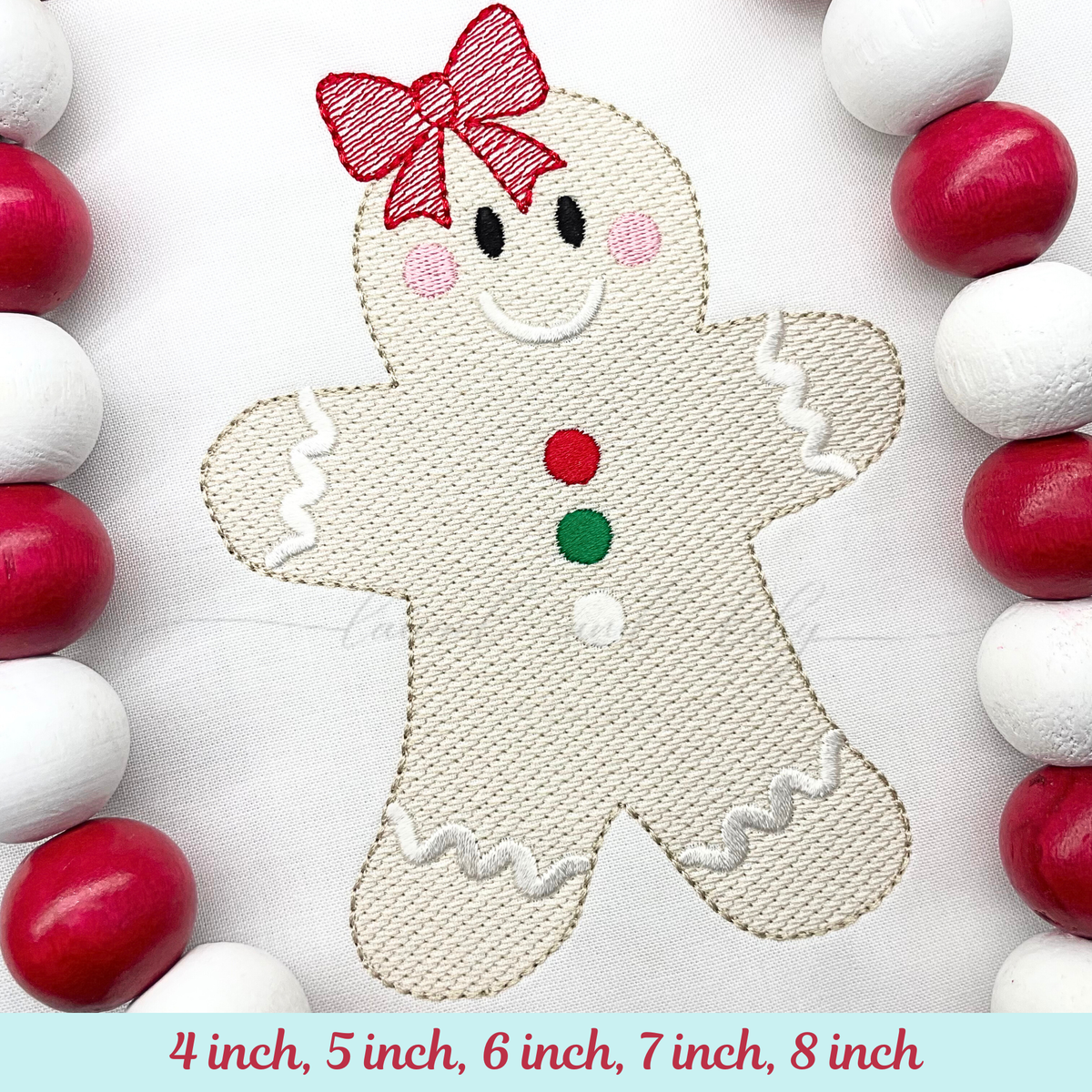 Decorative gingerbread woman with a red bow surrounded by red and white round objects.