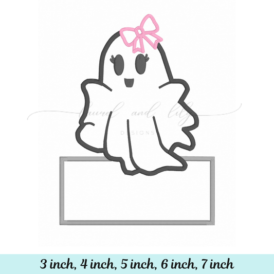 Ghost with a pink bow on a white background