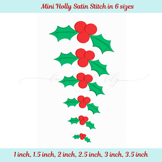 Mini Holly Satin Stitch pattern with red berries and green leaves on a white background