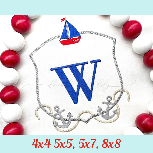 Nautical Monogram Frame, Sailboat and Anchors Embroidery Frame, Machine Embroidery Design