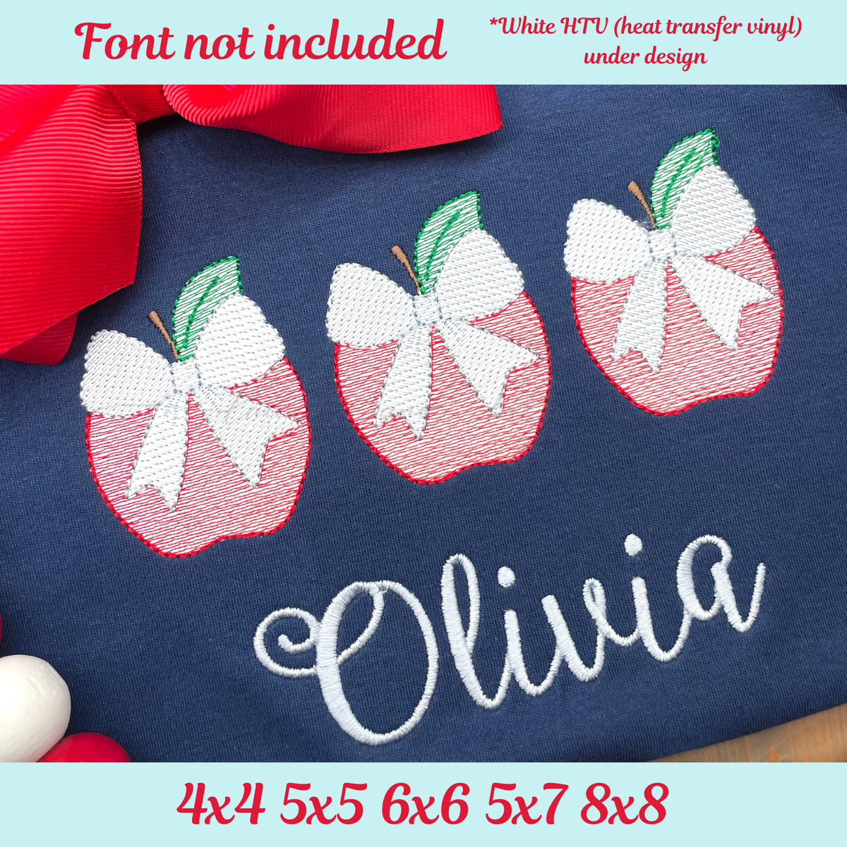 Apples with Bows Sketch Stitch Trio, Machine Embroidery Design, Back to School Embroidery
