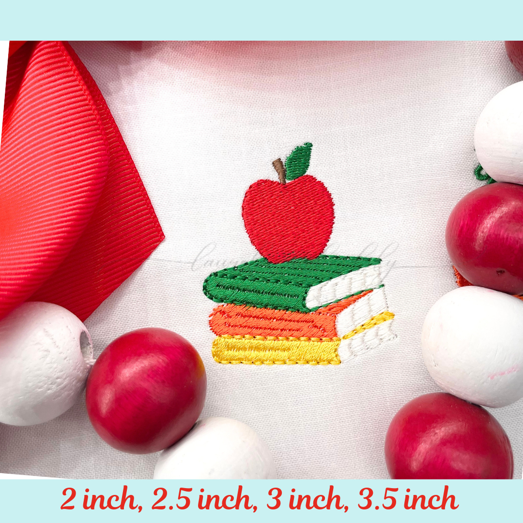 Mini Book Stack with Apple Machine Embroidery Design, Back to School Embroidery