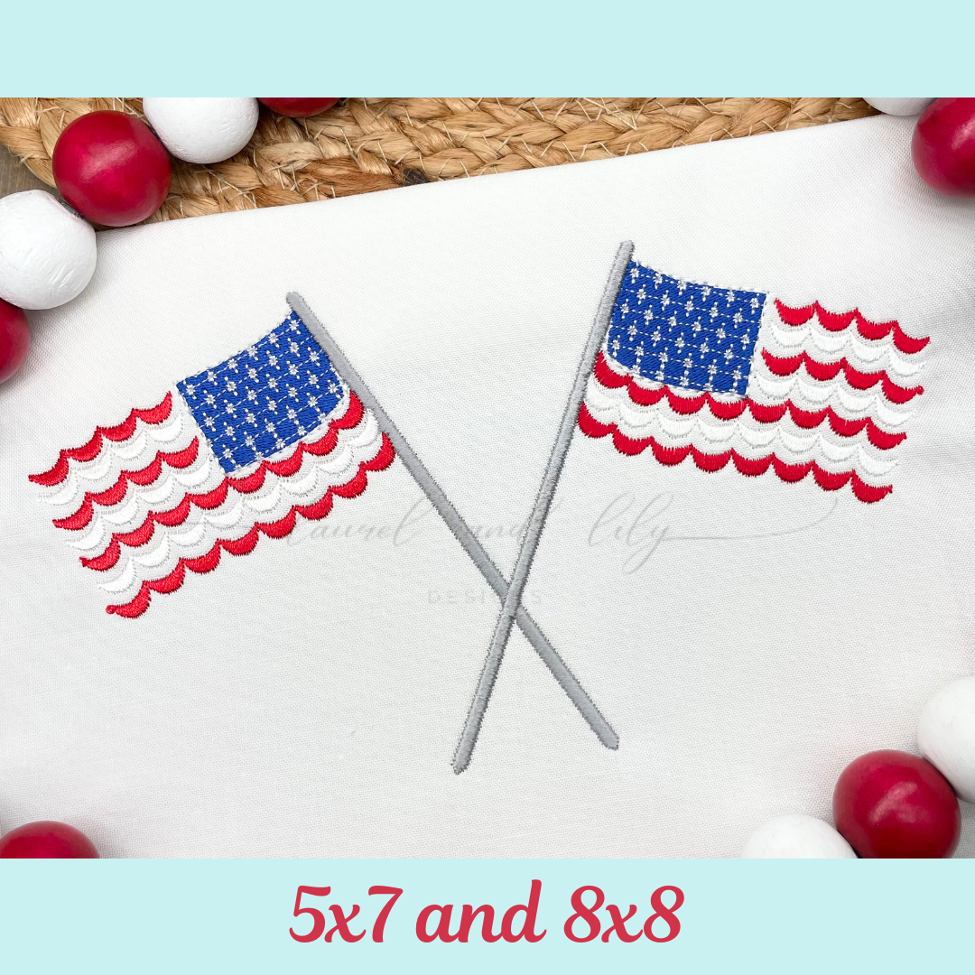 American Flags Embroidery, Machine Embroidery Design, American Flag Design, Flag Satin Stitch, Fourth of July Embroidery, Independence Day, Crossed Flags
