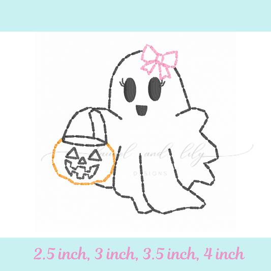 Trick or Treat Ghost with Bow Embroidery Design, Machine Embroidery, Sashiko Stitch, Girl Ghost, Halloween Embroidery (Digital Download)