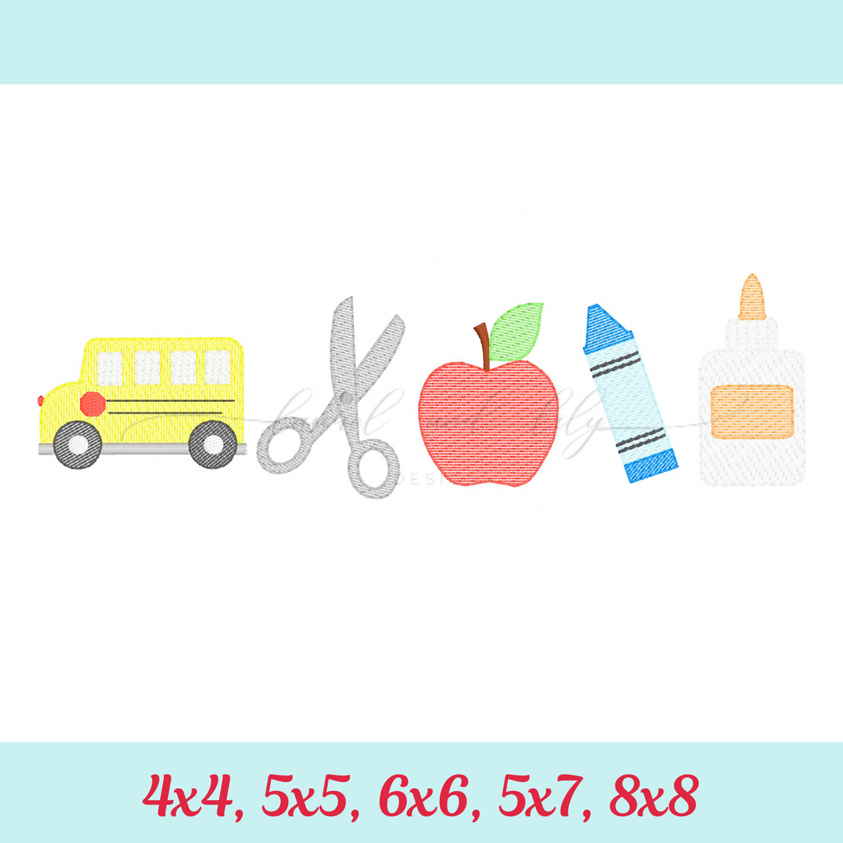School Embroidery, Machine Embroidery Design, School Bus, Scissors, Apple, Crayon, Glue, Sketch Fill Stitch, School Supplies, Back to School