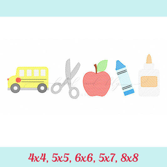 School Embroidery, Machine Embroidery Design, School Bus, Scissors, Apple, Crayon, Glue, Sketch Fill Stitch, School Supplies, Back to School