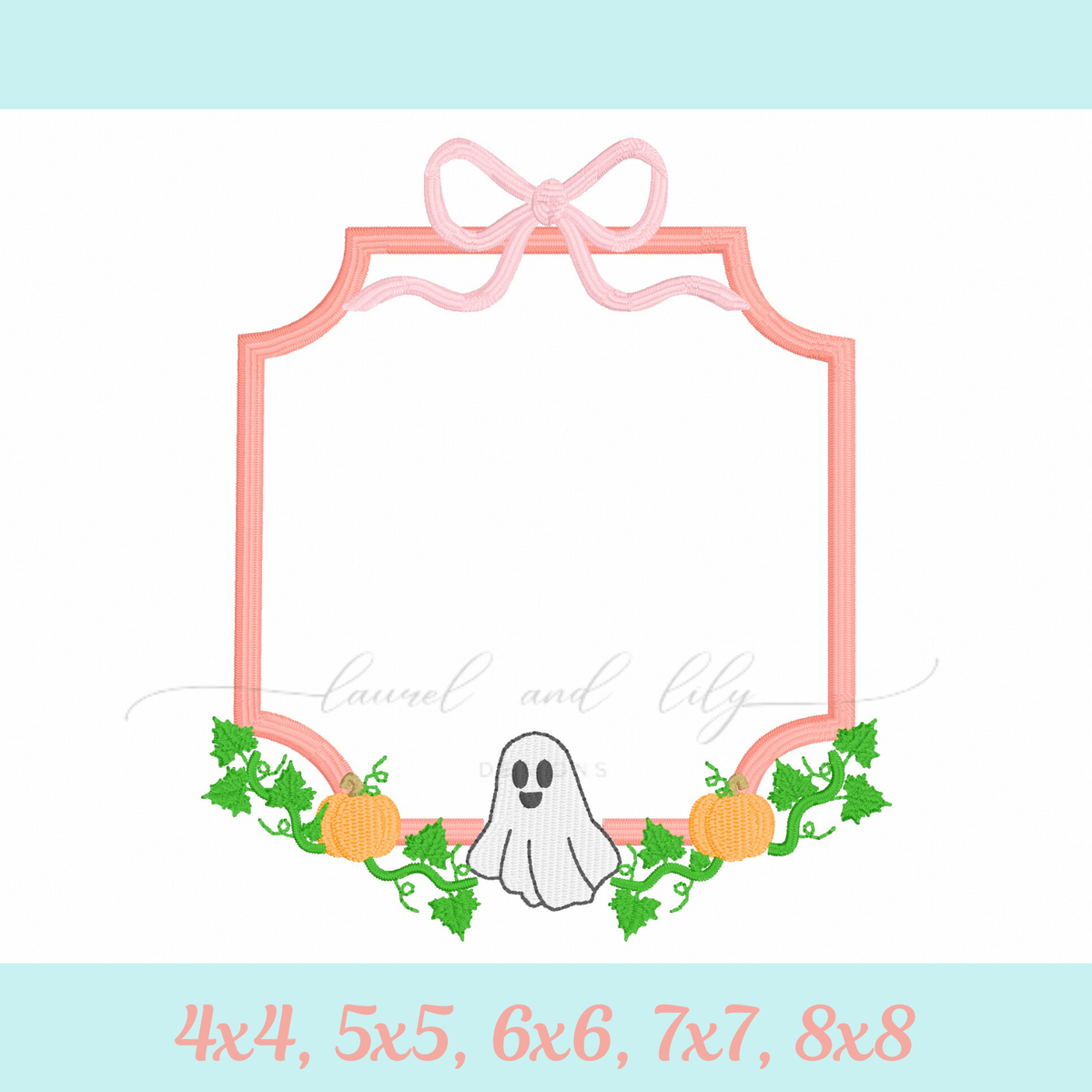 Decorative monogram frame with a ghost, pumpkins, and a bow