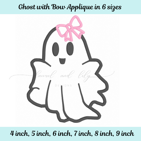 Ghost with bow applique in various sizes on a light blue background