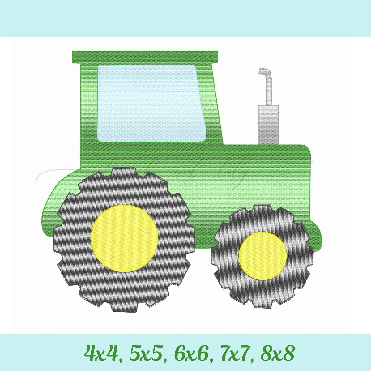 Green tractor with yellow wheels stitched on a white background
