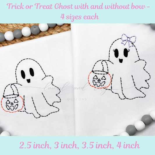 Trick or Treat Ghost with and without Bow Embroidery Design, Machine Embroidery, Sashiko Stitch, Halloween Embroidery (Digital Download)