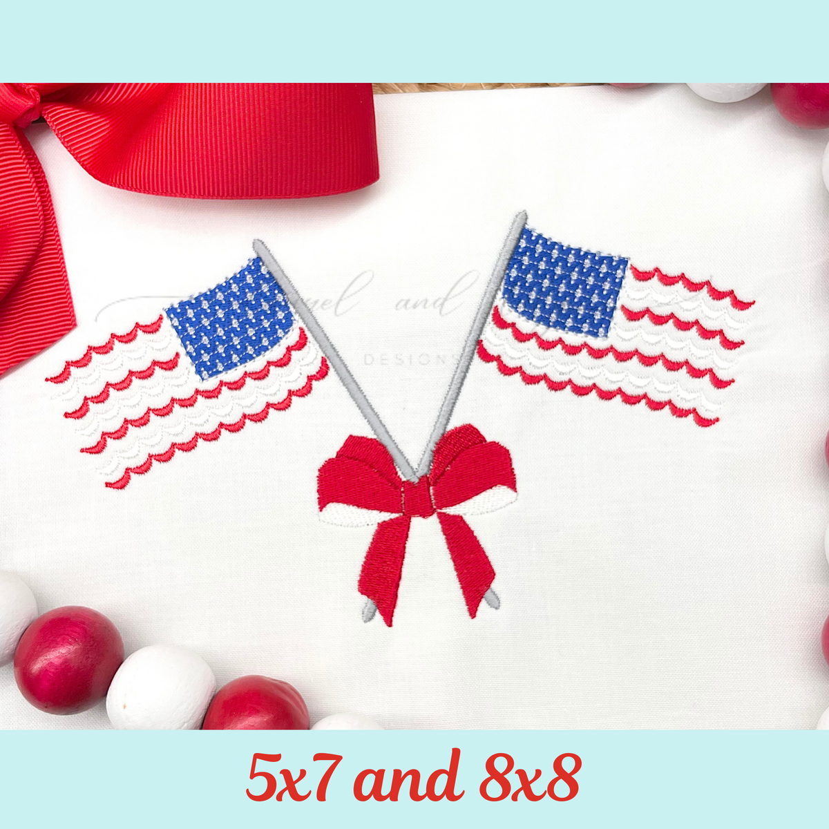American Flags with Bow, Hoop Size 5x7 and 8x8