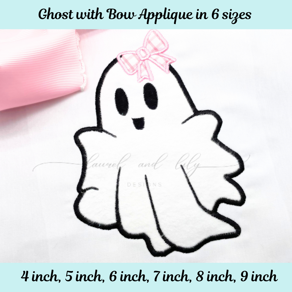 Ghost with bow applique in various sizes on a white background