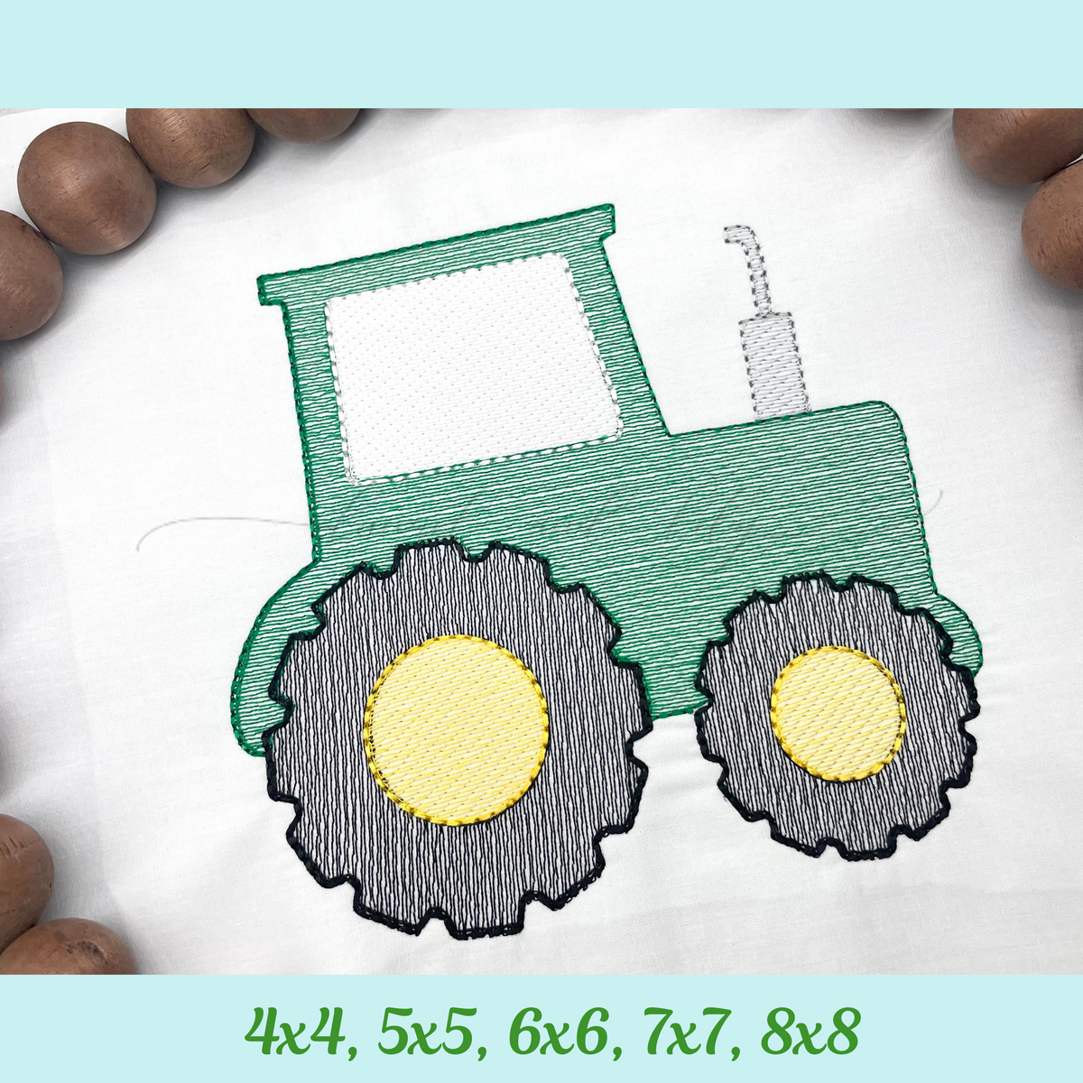 Embroidery design of a green tractor with black and yellow wheels on a white background.