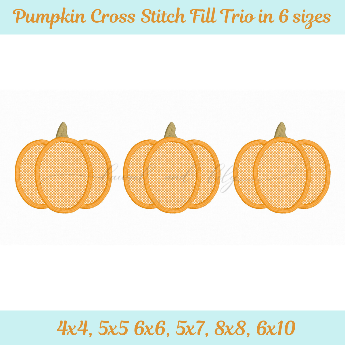 Three pumpkins with cross-stitch patterns on a light blue background, labeled 'Pumpkin Cross Stitch Fill Trio'.