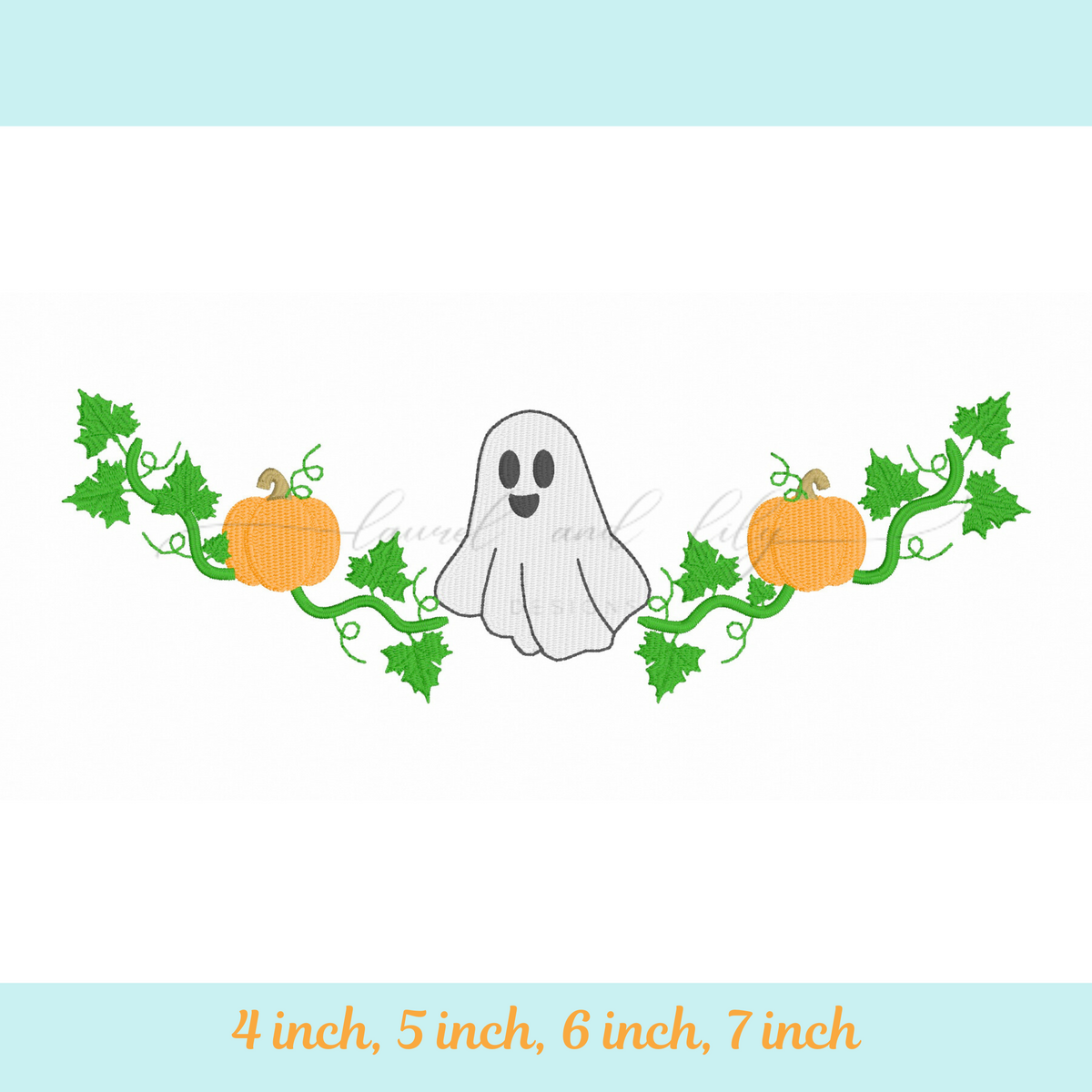 Ghost and pumpkins with vines embroidery design on a white background