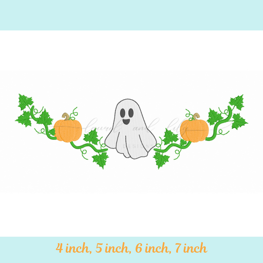 Ghost and pumpkins with vines embroidery design on a white background