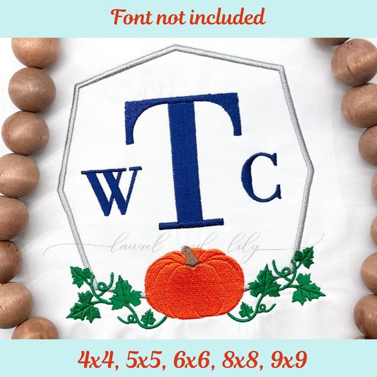 Embroidery frame design with monogram and a pumpkin with leaves