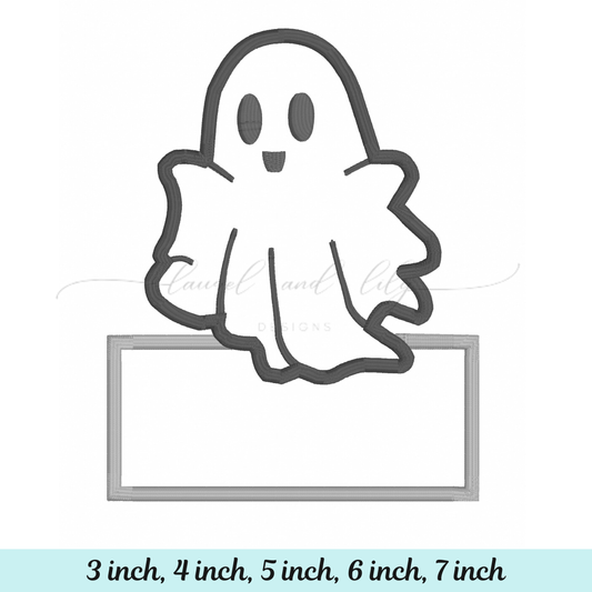 Ghost Applique with Nameplate, Machine Embroidery Design, Satin Stitch Ghost Applique, Halloween Embroidery (Digital Download)