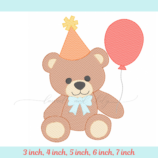 Birthday Bear Sketch Embroidery Design, Machine Embroidery Design (Digital Download)
