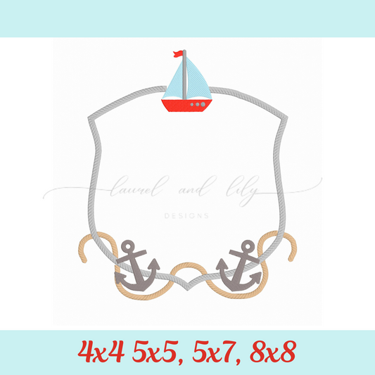 Nautical Monogram Frame, Sailboat and Anchors Embroidery Frame, Machine Embroidery Design