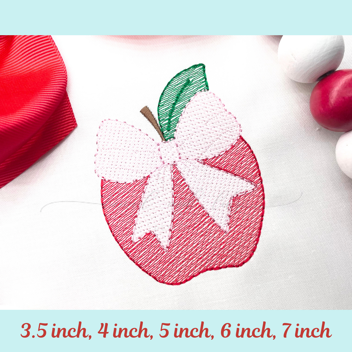 Apple with Bow Embroidery Design, Sketch Stitch Embroidery