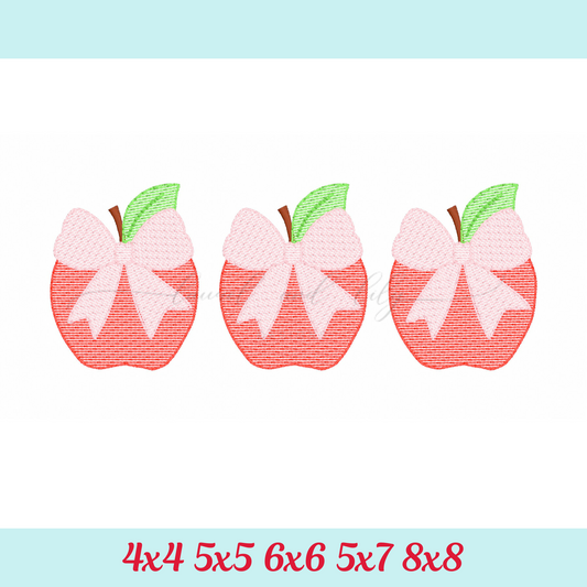 Apples with Bows Sketch Stitch Trio, Machine Embroidery Design, Back to School Embroidery