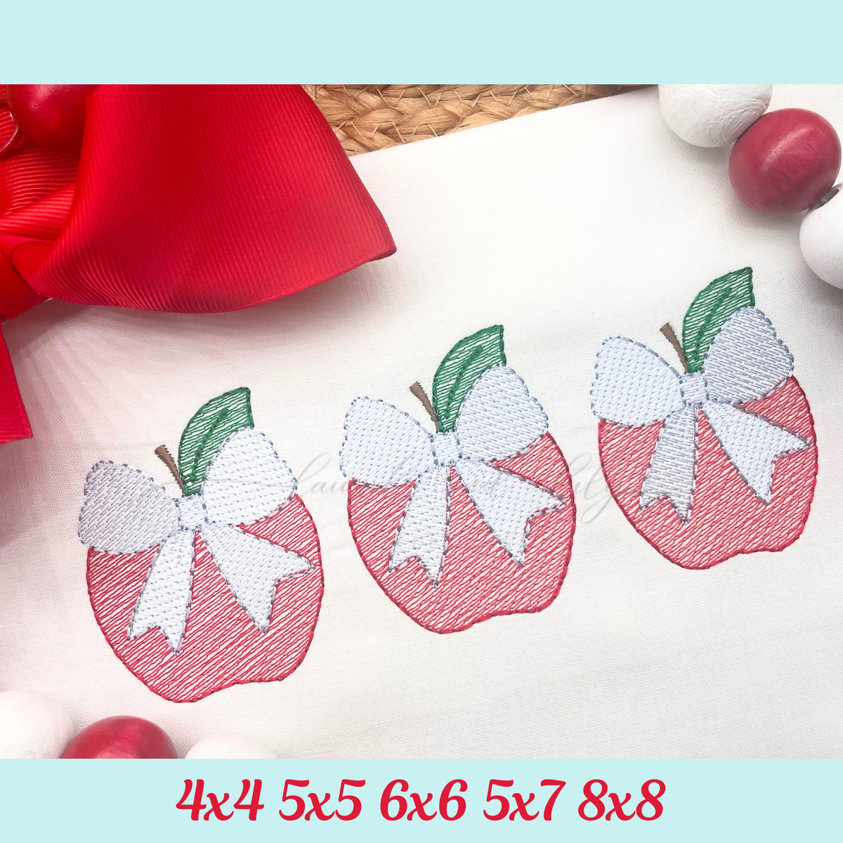 Apples with Bows Sketch Stitch Trio, Machine Embroidery Design, Back to School Embroidery