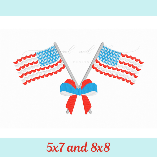American Flags with Bow, Hoop Size 5x7 and 8x8