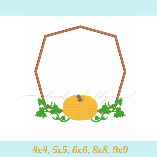 Geometric pumpkin frame with a pumpkin and leaves on a light blue and white background.