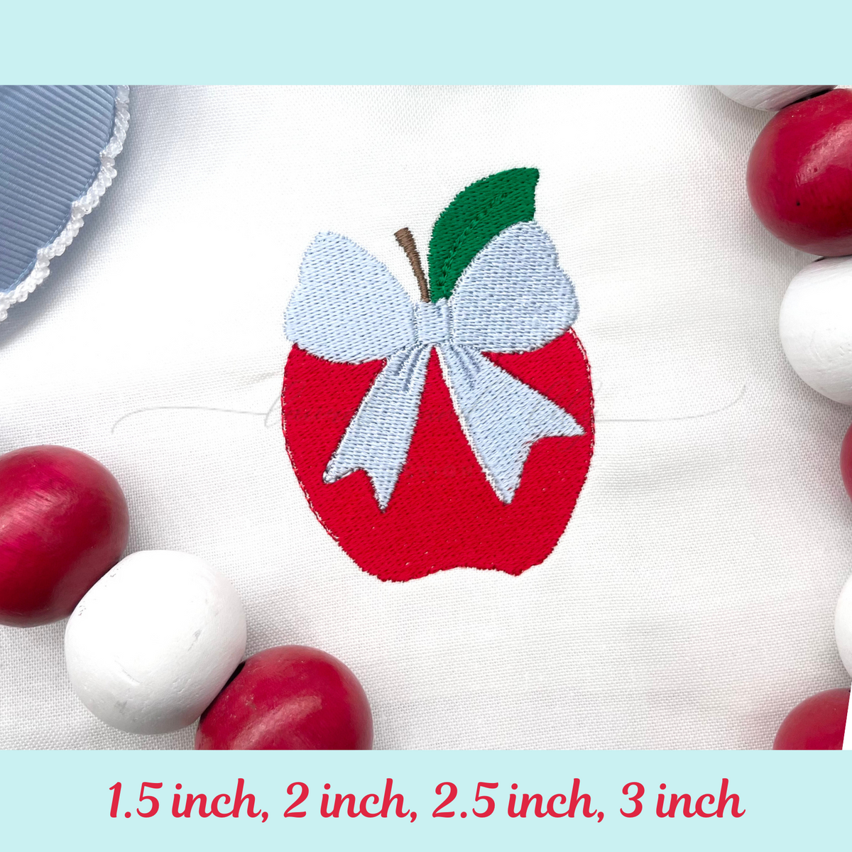 Red apple with a white bow surrounded by red and white spherical objects on a light blue background.