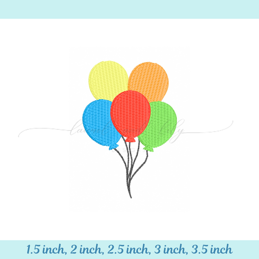 Colorful balloon illustrations with size specifications on a light blue background
