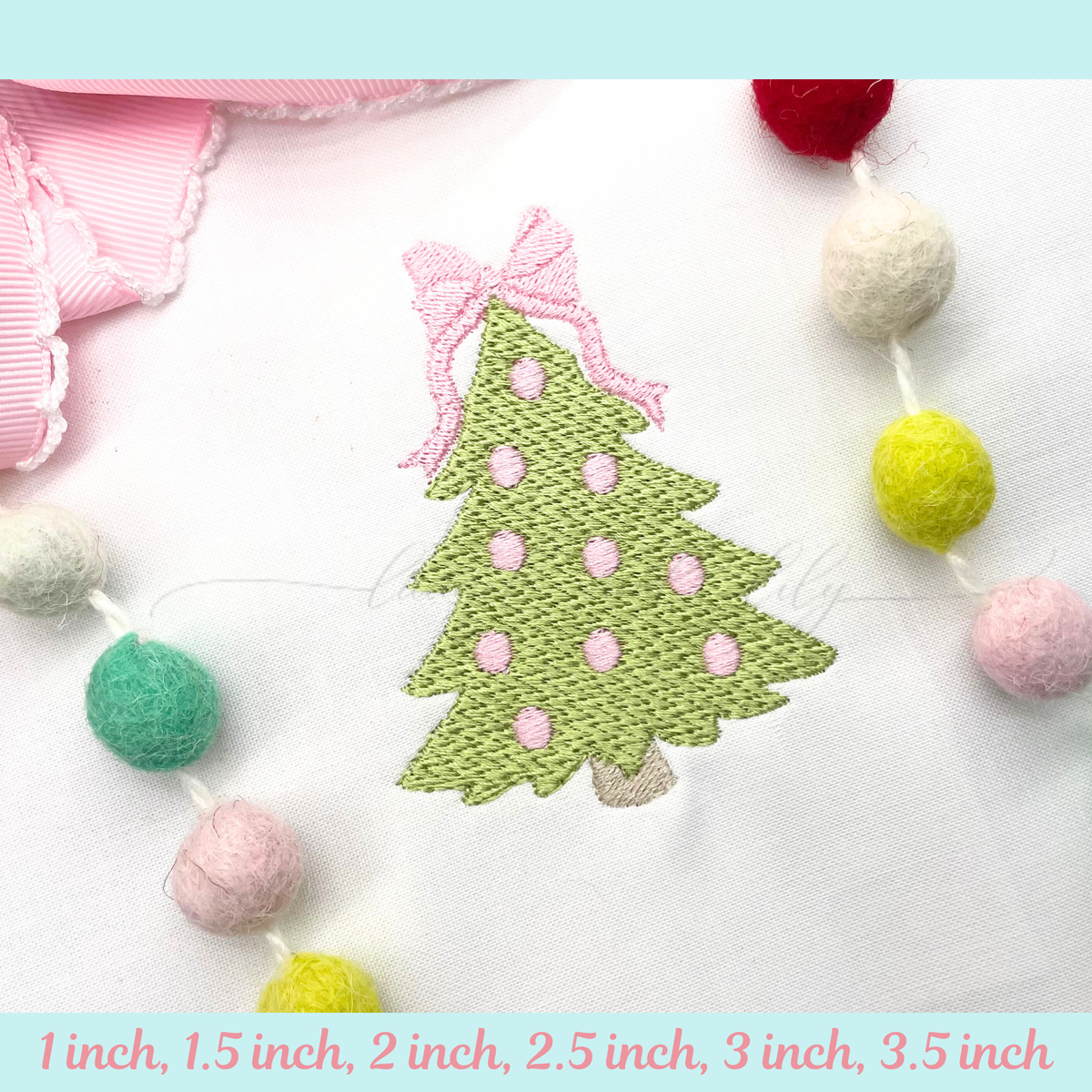 Green Christmas tree with a pink bow on a white background