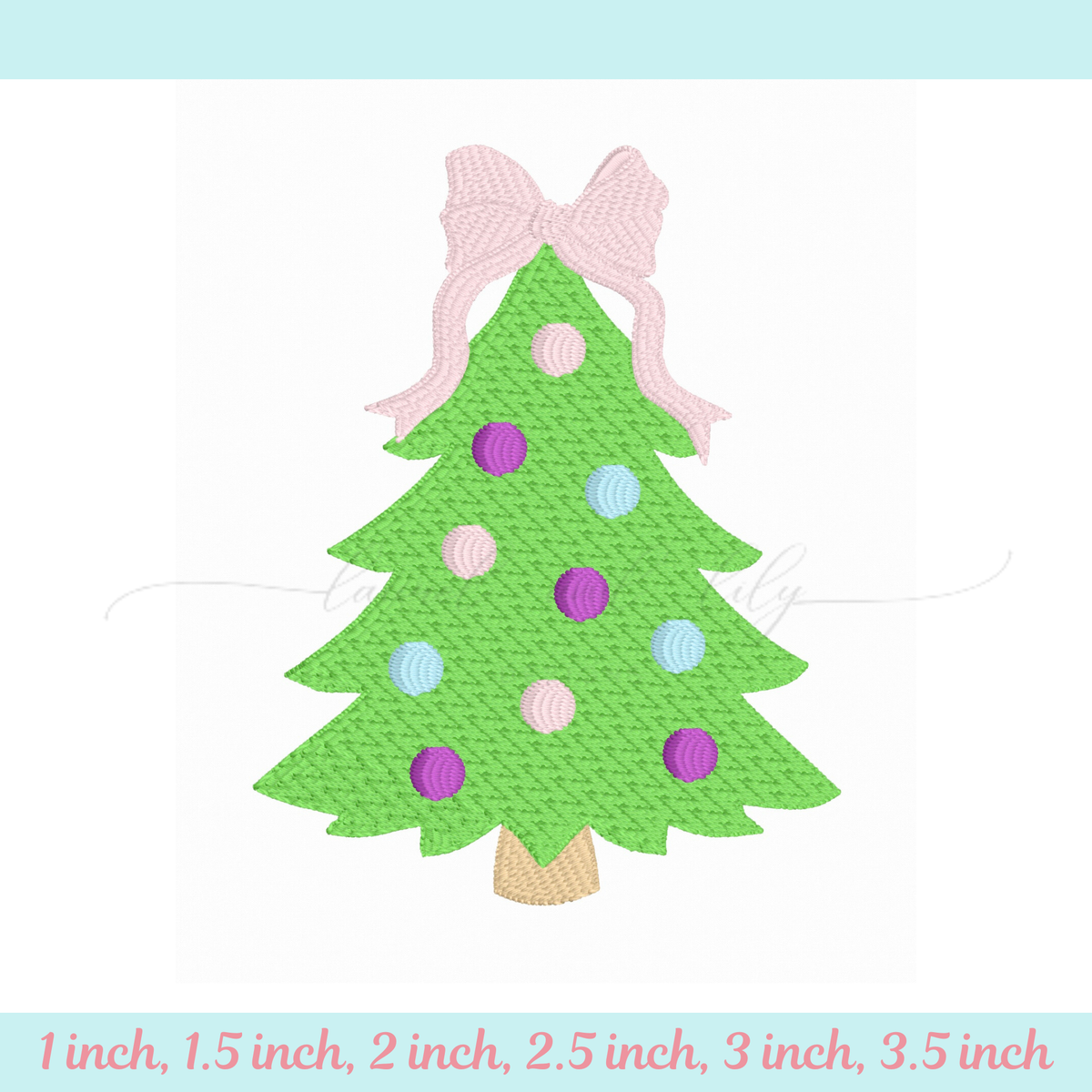 Green Christmas tree with colorful polka dots and a pink bow on a light blue background.
