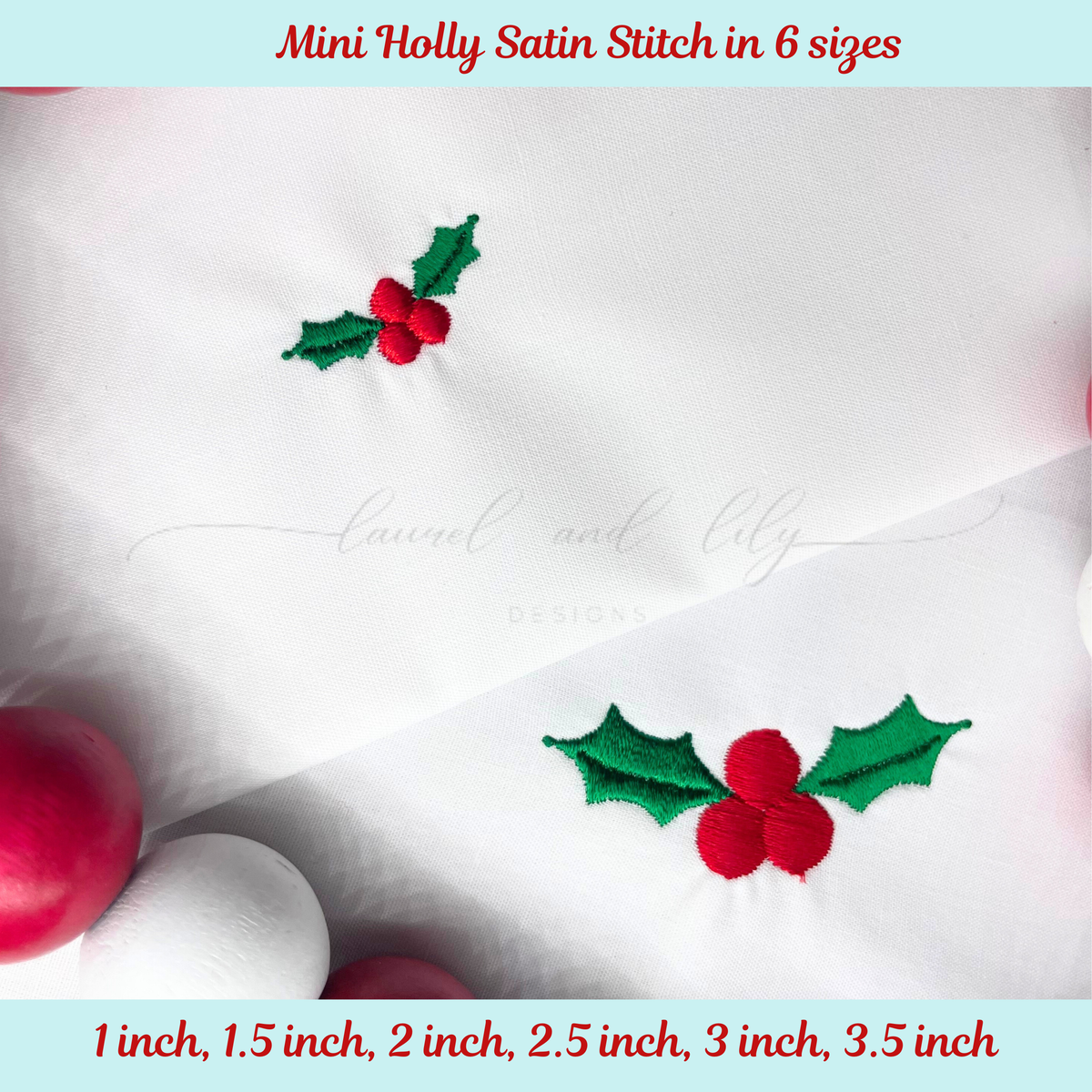 Embroidery design of holly leaves and berries on fabric with size options displayed.