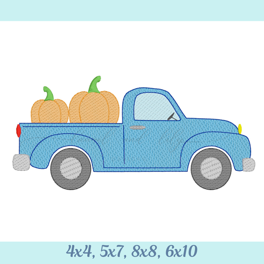 Blue truck with pumpkins on a light blue background