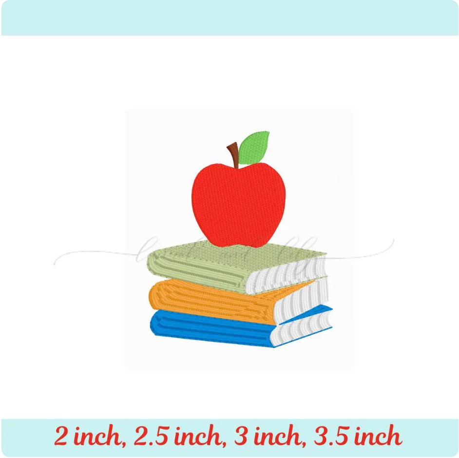 Mini Book Stack with Apple Machine Embroidery Design, Back to School Embroidery