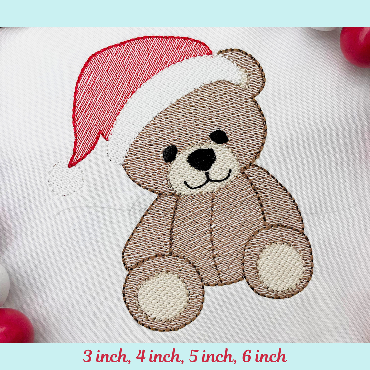 Christmas Teddy Bear Sketch Embroidery Design, Machine Embroidery Design, Bear with Santa Hat (Digital Download)